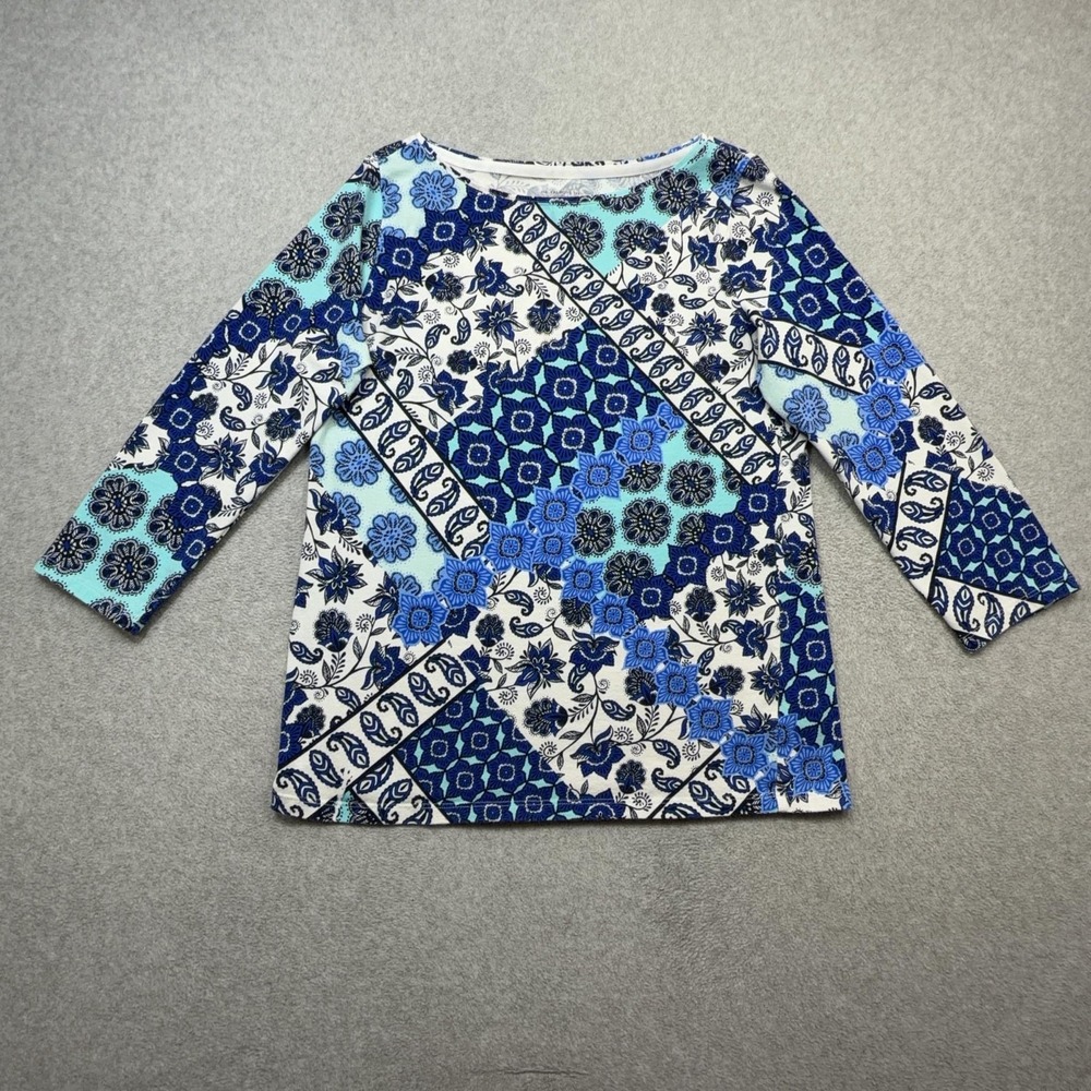 Talbots Tee Shirt Women Medium Blue Floral 3/4 Sleeve Boat Neck Stretch Knit Top